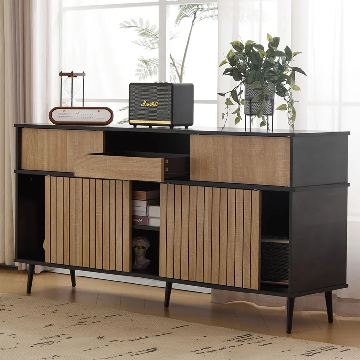 Schrank Eiche Natur und Schwarz, Sideboard mit Schiebetüren,verstellbare Regale,Sicherheits-Kippsicherung – Bild 5