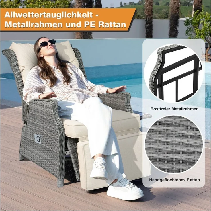 HOMECALL Rattanstuhl Gartensessel Indoor Verstellbar Liegestuhl Gartenliege balkonliege (Wetterfester Rahmen, klappbarem Beistelltisch und Fußstütze, 2 St), COMLAX FIELD – Bild 1