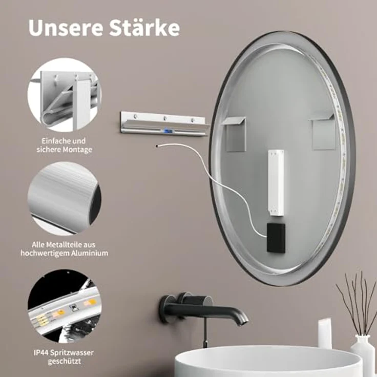 HOKO Badspiegel rund 60 cm Helsinki, LED Beleuchtung mit Touch-Schalter, schwarzer Metall Rahmen, wechselbare Lichtfarbe Warmweiß-Kaltweiß-Neutral, Antibeschlag-Funktion, IP44 – Bild 5