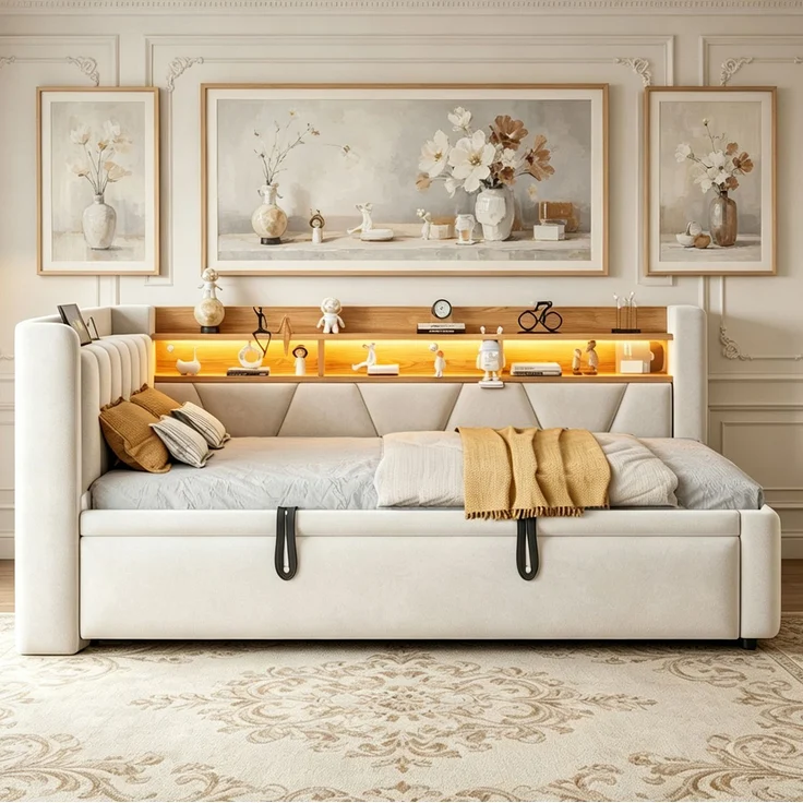 Ausziehbett mit Samtbezug, USB-Anschluss & LED, 90x200 cm, Beige, ohne Matratze – Bild 4