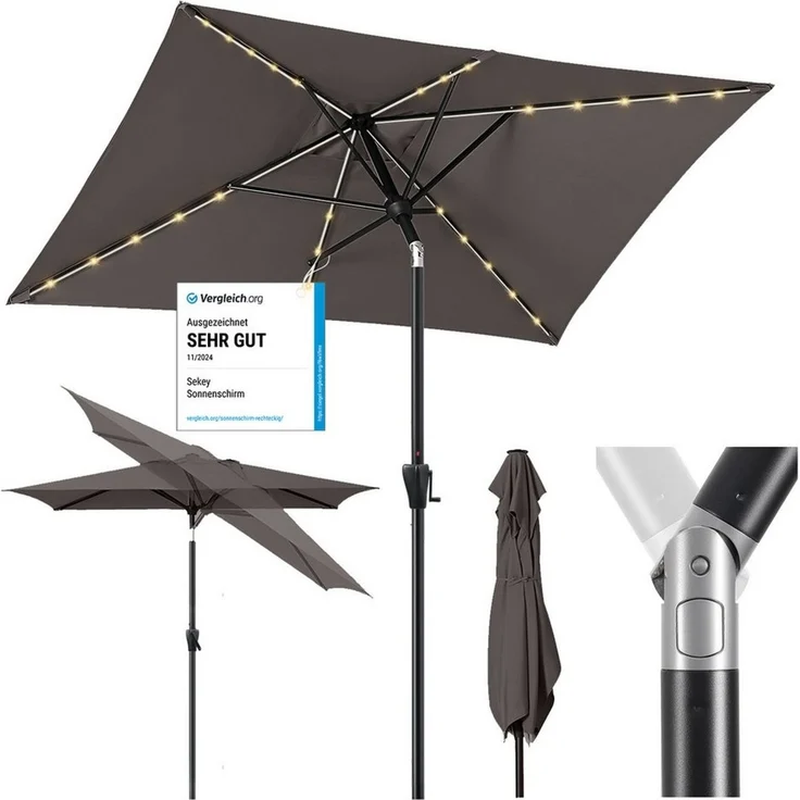 Sekey Sonnenschirm mit LED-Beleuchtung, Kurbel & UV50+, knickbar, Aluminium cappuccino, 210 x 140 cm – Bild 1