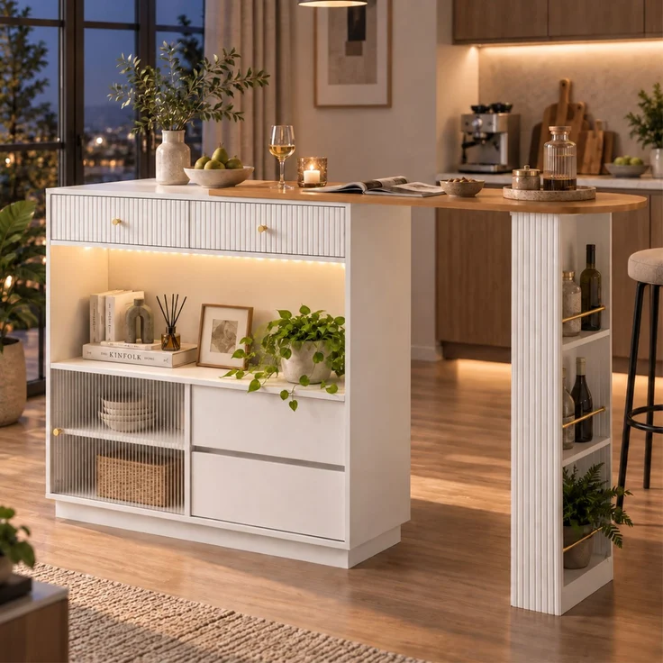 Ausziehbarer Bartisch mit Stauraum und LED-Beleuchtung, 360° drehbar, 183×30×100 cm, Weiß – Bild 2