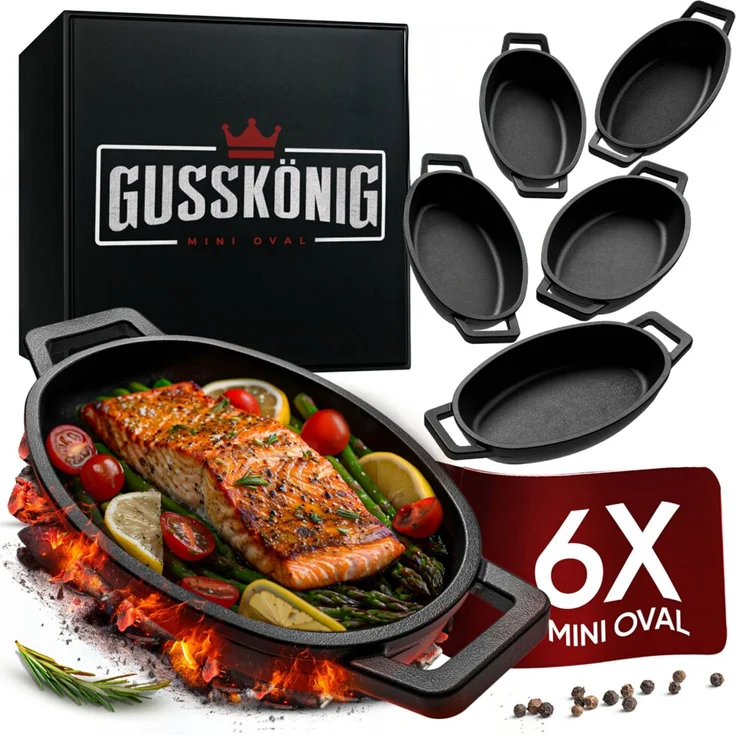 6er Mini Servierpfannen-Set oval – für Induktion & Grill, hitzebeständig, ideal zum Servieren, Überbacken & Warmhalten – Bild 1