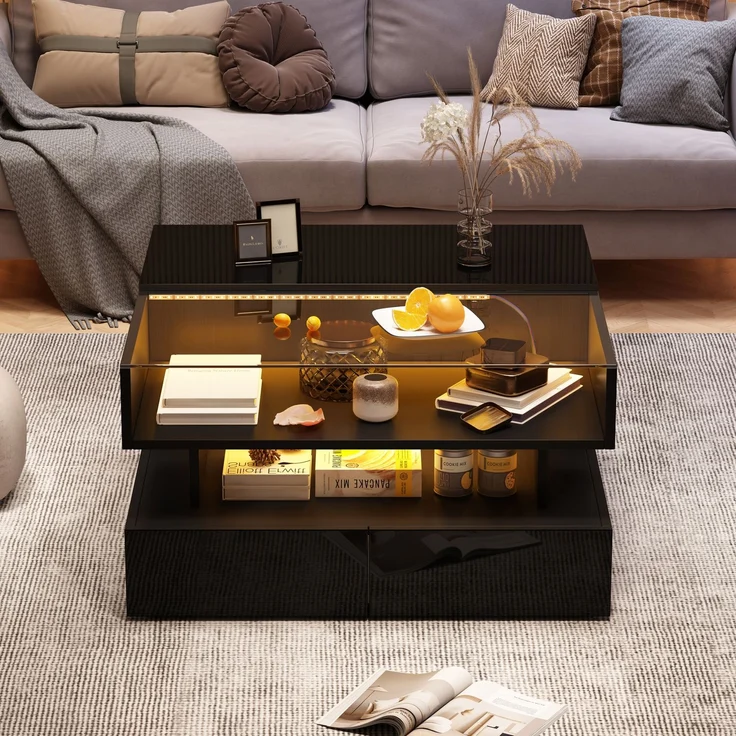 Couchtisch mit hydraulischer Hubfunktion und LED-Beleuchtung, Hochglanz Oberfläche, 2 Schubladen & gehärtetem Glas,Schwarz – Bild 3