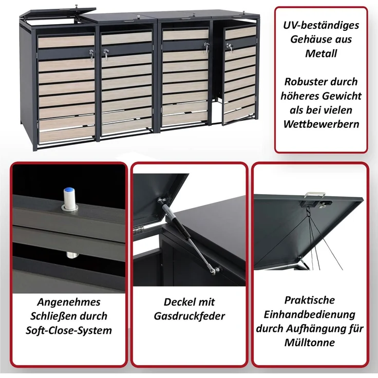 4er Mülltonnenverkleidung HWC-J81, Mülltonnenbox, erweiterbar, Metall 100kg, anthrazit ~ Buche-Holzoptik hellbraun – Bild 2