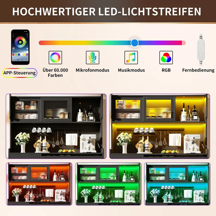 Seitenboard / Aufbewahrungsschrank / Küchenschrank / Buffetschrank, 145x39x171cm, Landhausstil, 5 Türen, mit LED-Lichtleiste & Ordnungslockplatte, Fluted Glas Türen, Braun/Schwarz – Bild 5