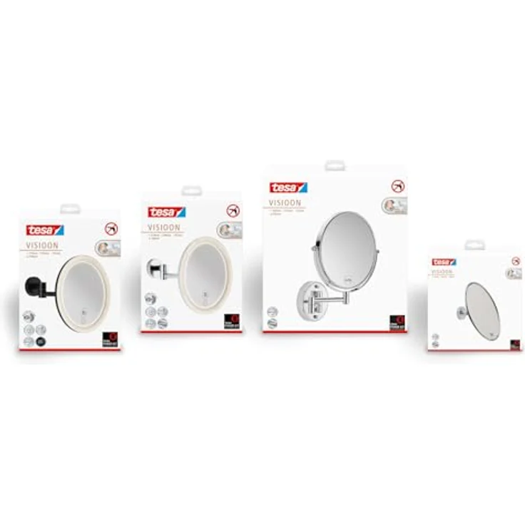 tesa Schminkspiegel Visioon Kosmetikspiegel mit Beleuchtung, Montage ohne Bohren, Chrom (Komplett-Set, 1-St, Make-Up-Spiegel mit Schwenkarm, USB-C-Ladekabel, Power. Kit Klebelösung), Wandspiegel mit dimmbaren LEDs, 5-fach Vergrößerung, Touch-Bedienung – Bild 10