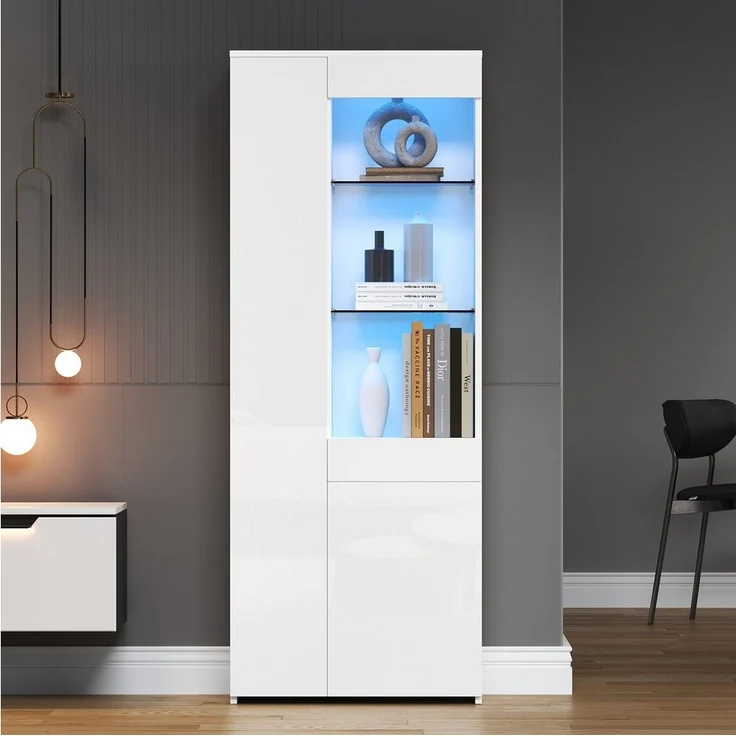 Merax Glasvitrine hochglanz Vitrine mit LED (70*35*180cm, 1-St, Hochschrank Standregal Schrank) Standvitrine Highboard mit Glasfächern, Schublade & Push-to-Open Türen – Bild 3