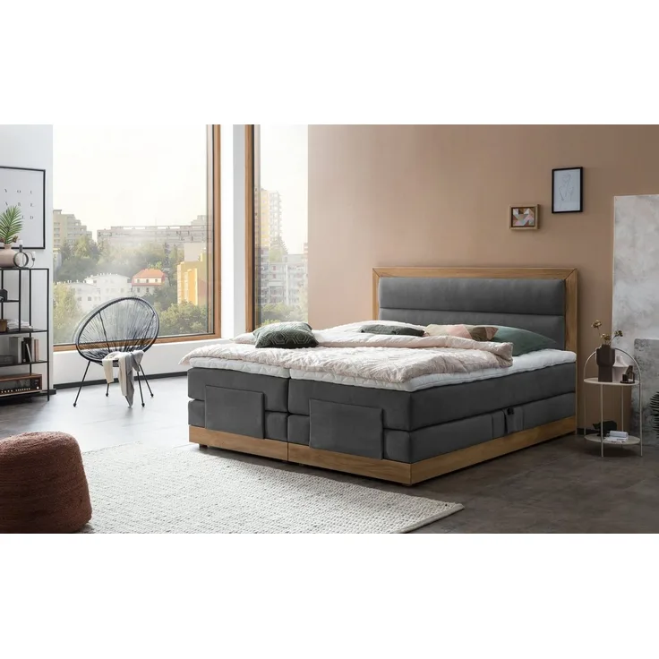 Belanoti Boxspringbett MODELA (Boxspringbett 160x200 elektrisch verstellbar Bett 160x200 mit Motor, 7-Zonen Taschenfederkern Matratze inklusive Visco Topper), in der Farbe Anthrazit H2/H3 Polsterbett Motorbett mit Eiche