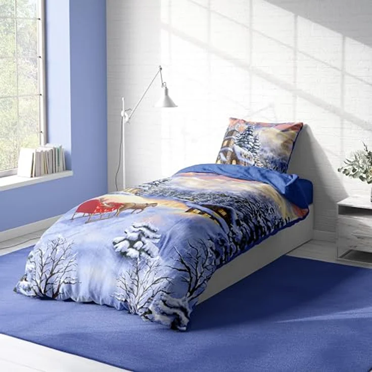 One Home Bettwäsche Winter Thermofleece, Fleece, 4 teilig, Weihnachten Winterlandschaft, kuschelig flauschig warm weich Modern – Bild 5