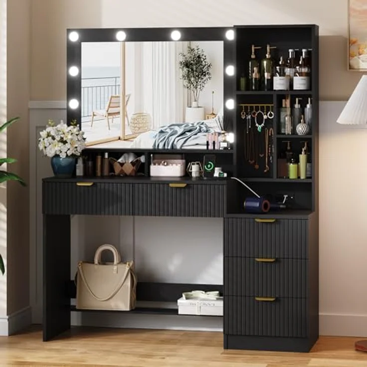 JUMMICO 114cm Großer Schminktisch mit großem Spiegel und LED-Leuchten, Schminktisch mit 5 Schubladen, 7 offene Regale, 7 Häkchen, Kosmetiktisch für Mädchen, Frauen und Schlafzimmer, Obsidianschwarz – Bild 1