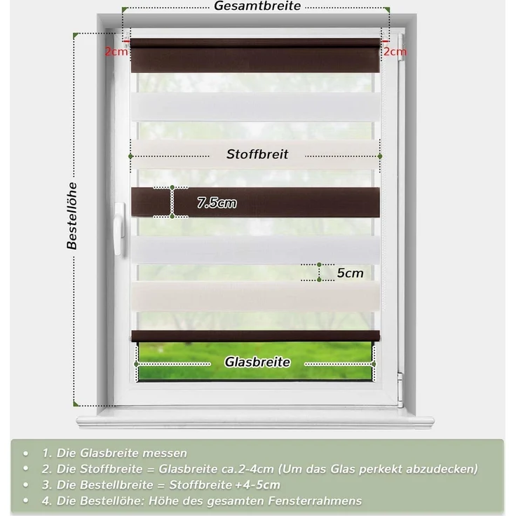 Deswell Doppelrollo Klemmfix ohne Bohren Weiß-beige-braun B105 x H120 cm (Stoffbreite 101cm) Rollos für Fenster ohne Bohren für Fenster mit Lichtdurchlässig & Verdunkelnd/Höhe Stufenlos Verstellbar – Bild 4