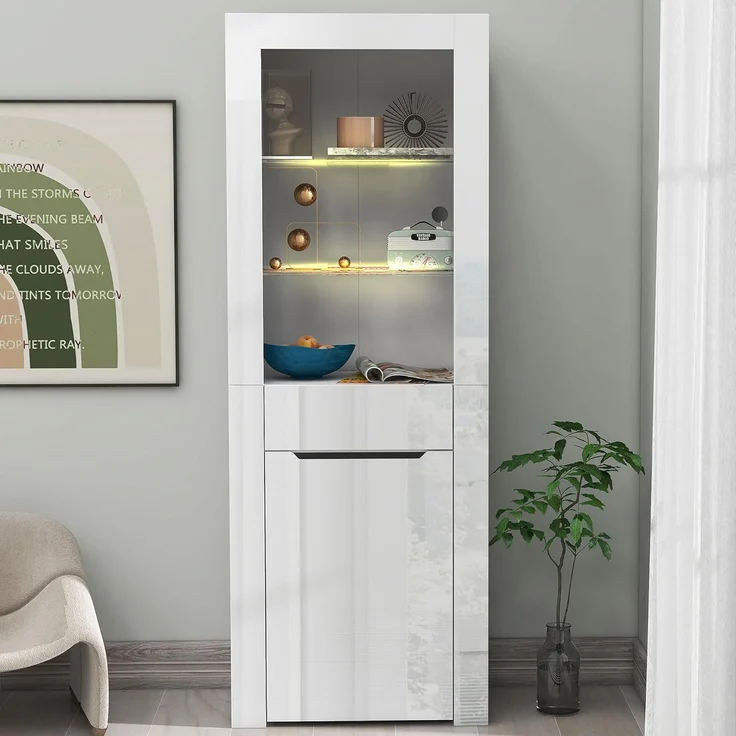 Ball & Cast Standvitrine mit Beleuchtung - Mit Offenen Fachböden & Schubladen, Vitrine für Küche, Schlafzimmer & Wohnzimmer, Weiß – Bild 6