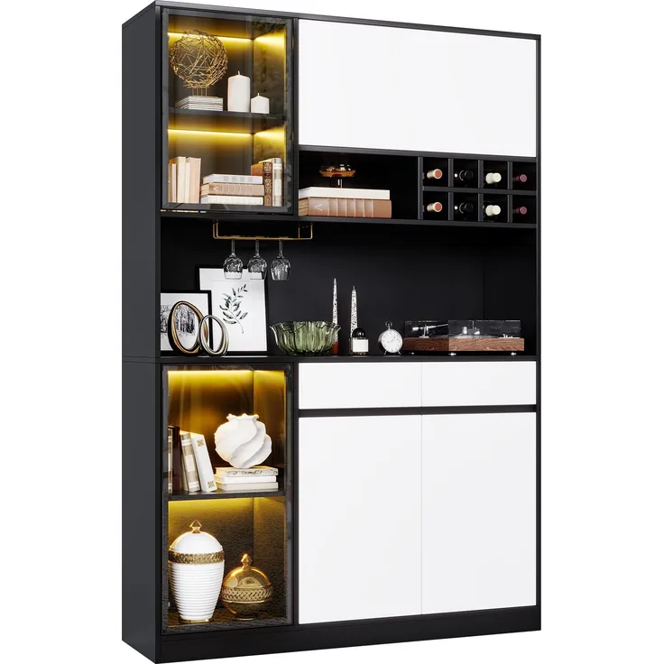 Mehrzweck Hochschrank mit LED Beleuchtung, Vitrine, Sideboard Schrank, Aufbewahrungsschrank mit Türen und Schubladen, modernes Wohnzimmerschrank Möbel für Küche, Esszimmer und Büro--Schwarz, Weiß--120x35x180cm--YOUDENOVA