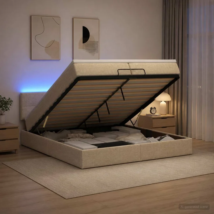 vidaXL Ottoman-Bett mit Matratze und LED Creme 200 x 200 cm Stoff 3456938 – Bild 4