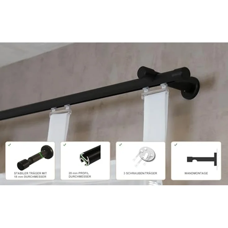 iso-design Gardinenstange Innenlauf 20 mm 1-läufig Endstück Kappe Wandabstand 8 cm, Ø 20 mm, 1-läufig, Fixmaß, mit Bohren, Aluminium – Bild 3