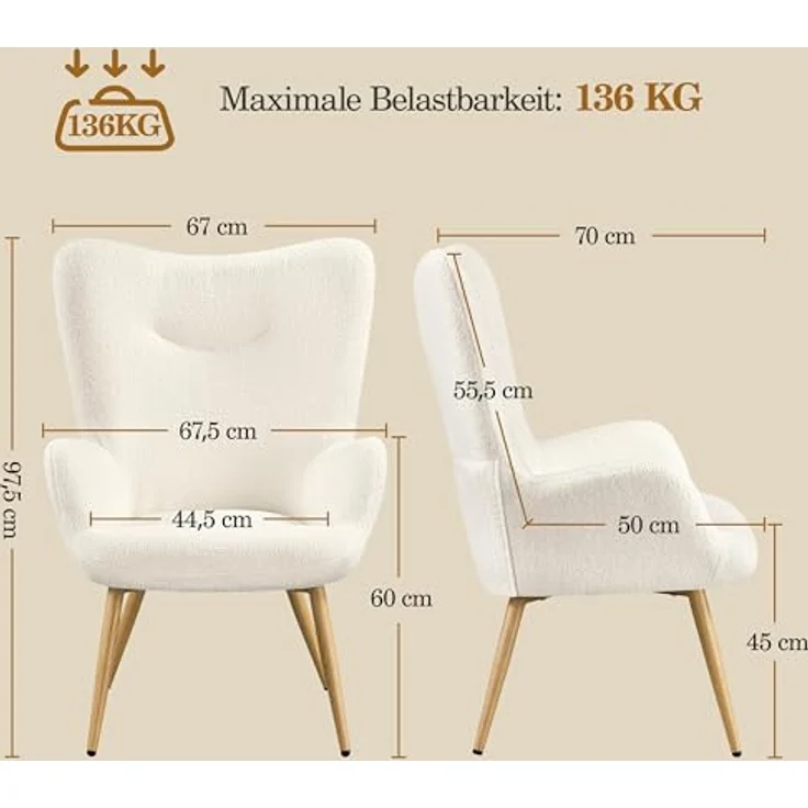 Yaheetech Ohrensessel eleganter Armsessel Polsterstuhl mit klappbare Rückenlehne Lehnsessel bis 136 kg belastbar Sessel fürs Wohnzimmer/Schlafzimmer – Bild 4