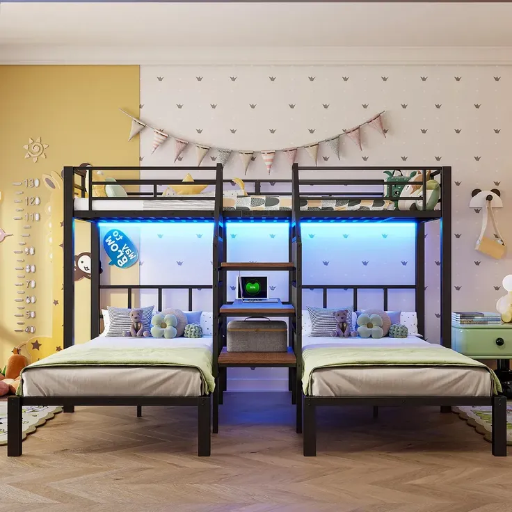 Etagenbett mit 3 Liegeflächen, Lattenrost, Rausfallschutz, Nachttisch, Treppe, Steckdose, USB, LED, 90x200cm, Kinderbett, Metallbett – Bild 2