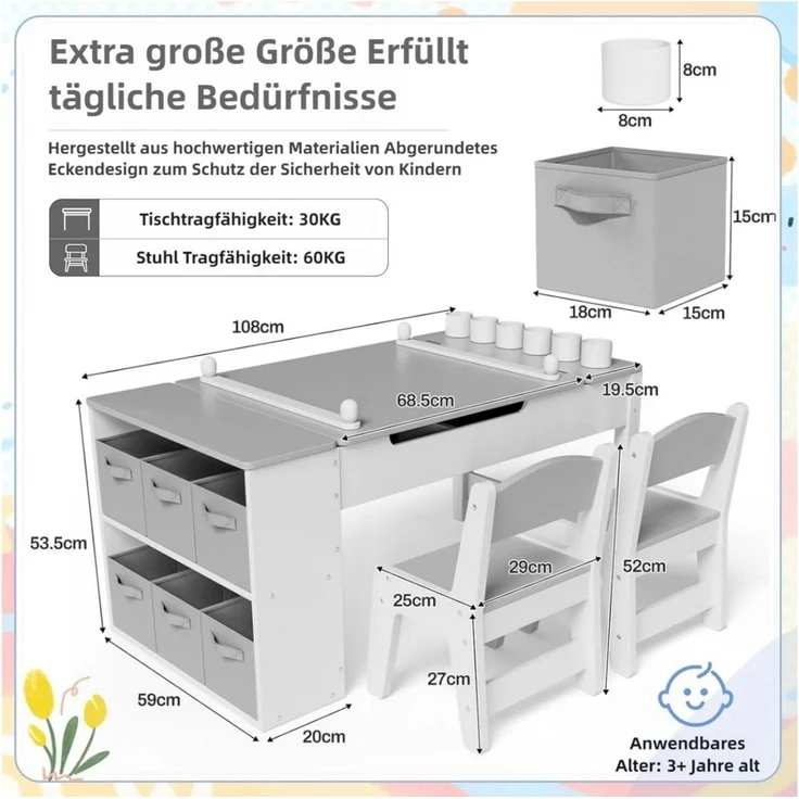 TLGREEN Kindertisch Höhenverstellbarer Kindertisch Set mit 2 Stühlen (Kindermaltisch mit Papierrolle und Stauraum), Wasserdichtes Kindertisch für Malen/Lernen/Essen(ab 3 Jahre) – Bild 2