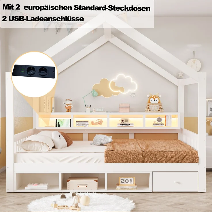 Bett 140x200 cm aus Kiefernholz und MDF, weiß, mit Dachrahmen, Stauraum und LED, ohne Matratze – Bild 6