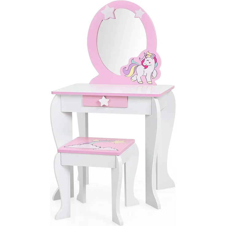 COSTWAY Kinder Schminktisch mit Hocker, rosa Frisierkommode, Prinzessin Frisiertisch mit Schublade & Abnehmbarer Spiegel, Schminkkommode für Mädchen von 3-7 Jahren (Weiß)