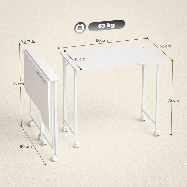 HOMCOM Schreibtisch, MDF, Stahl, Weiß, 80 x 52 x 75 cm – Bild 3