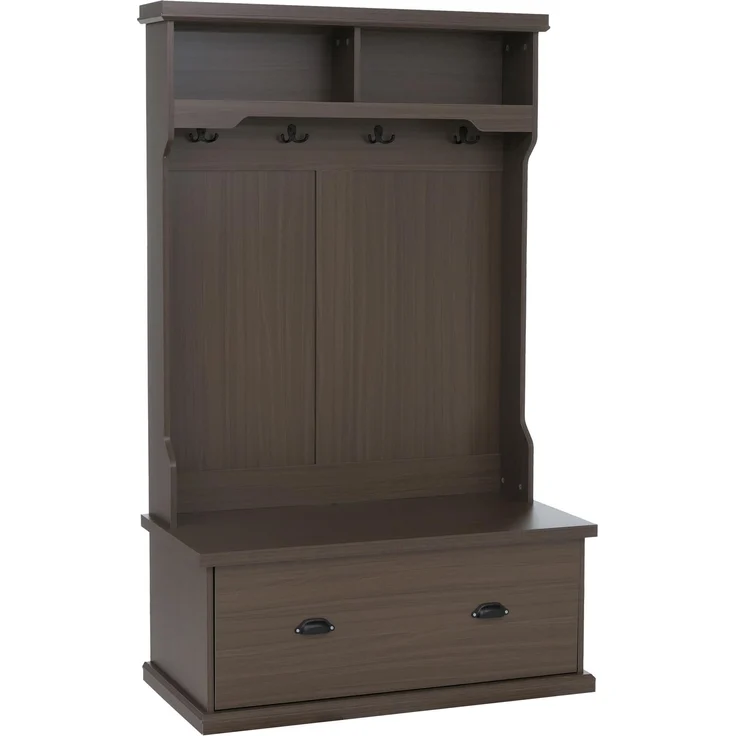 Garderobe HWC-P27, Flurgarderobe Holzgarderobe Sitzbank, 4 Haken Staufach Ablage Melamin 163x100x47cm ~ Walnuss-Optik – Bild 9