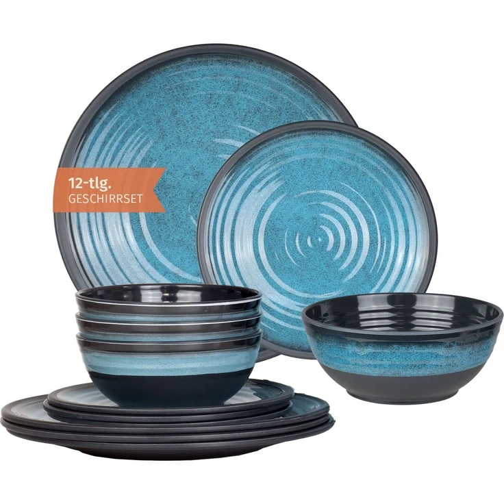 Moritz Camping Tafelgeschirr aus Melamin für 4 Personen 12-teilig | spülmaschinenfest | Picknick Geschirrset | Geschirr Campinggeschirr I Stone Blue Design – Bild 1