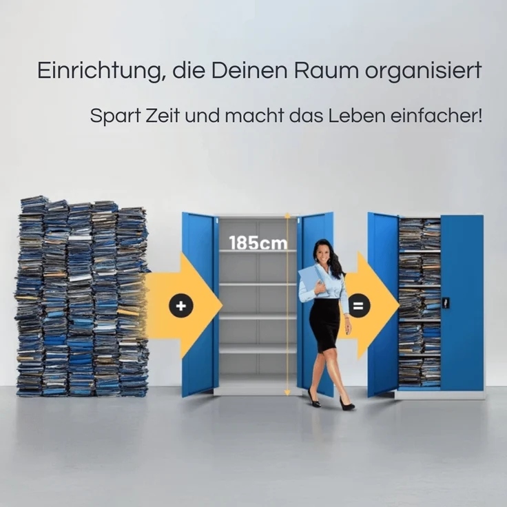 Aktenschrank abschließbar KADO - 5 Ebenen verstellbar, Flügeltüren | Metallschrank Werkstatt Mehrzweckschrank Büroschrank aus Stahl Werkzeugschrank, 185x90x40cm Grau-Blau – Bild 3