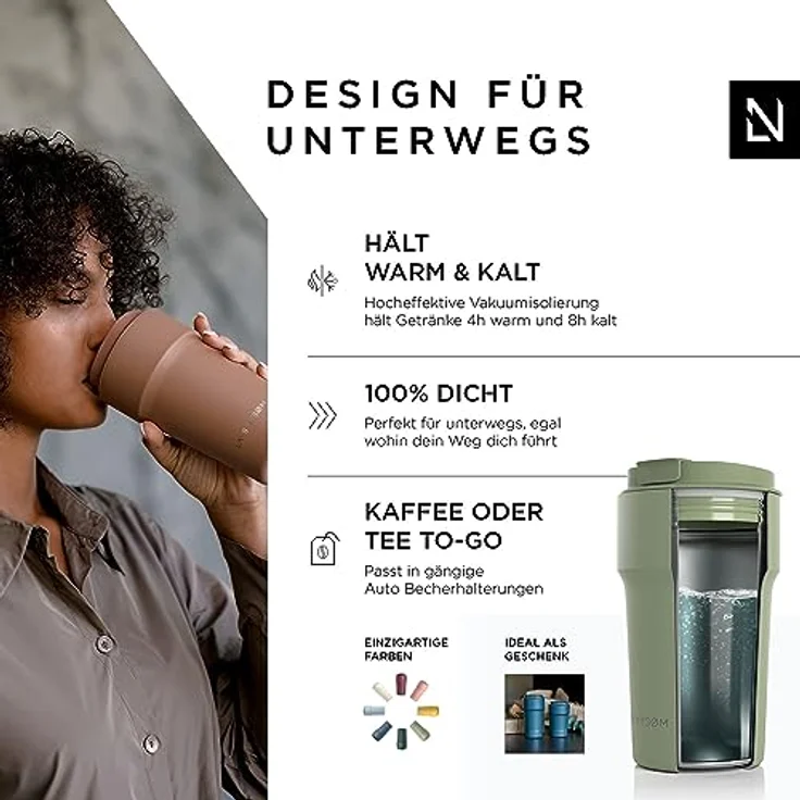 LARS NYSØM Thermo Kaffeebecher to go 500ml | Travel Mug 0,5 Liter mit Isolierung | Auslaufsicherer Edelstahl Thermobecher für Kaffee und Tee unterwegs | Teebecher (Sage Green, 500ml) – Bild 2
