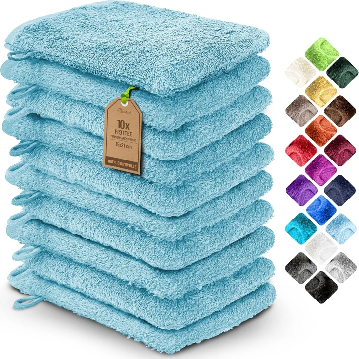 NatureMark 10x Waschhandschuhe aus Frottee 100% Baumwolle – Weich und Robust, Ideal für die tägliche Pflege und Gäste – Hell blau, 15x21 cm