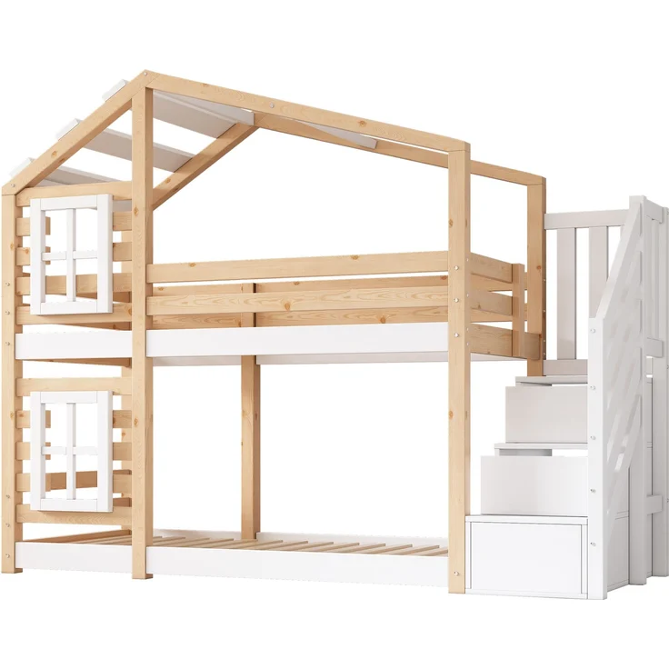 Kinder-Etagenbett Massivholz, Baumhaus-Design mit Schubladentreppe, 90x200 cm, Natur & Weiß, ohne Matratze – Bild 8