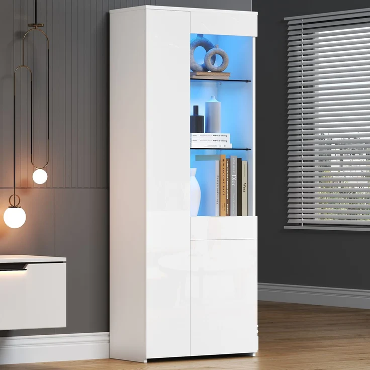 70*35*180cm Vitrine mit Schubladen, Vitrine Hochglanz, Glasvitrine mit LED-Beleuchtung,Hochschrank, Highboard Mit Schrank , Standvitrine,Trennwandlagerung, empfohlene Tragkraft 45kg – Bild 2