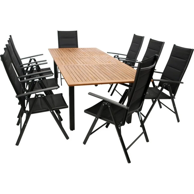 DEGAMO Garten-Essgruppe SARONNO 9-teilig, 8x Klappsessel, 1x Ausziehtisch 180/240x100cm, Alu anthrazit + Akazie – Bild 1