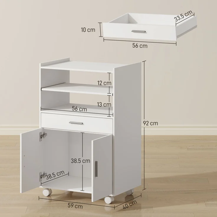 Mobile Mikrowelle aus Holz mit Schublade, Schrank mit 2 Türen und 2 Einlegeböden, 59 x 40 x 92 cm, Weiß – Bild 5