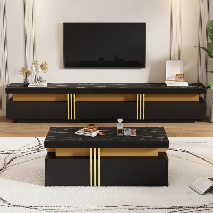 TV-Schrank & Couchtisch Set, schwarz mit Marmoroptik, 200x40x42 cm & 100x50x40 cm