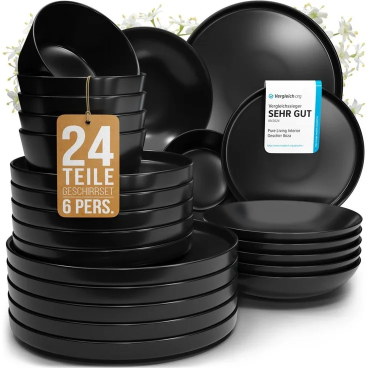PURE LIVING INTERIOR DESIGN Geschirr-Set Manhattan aus Steingut, 24-tlg, für 6 Personen, Schwarz (1-tlg), 6 Personen, Steingut, Spülmaschinenfest, mikrowellengeeignet, kratzfest und alltagstauglich