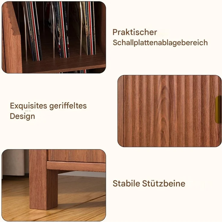 Sideboard Plattenspieler-Schrank 120x40x79 cm, Vinylregal mit Rillentüren und 16 Fächern, Braun – Bild 7