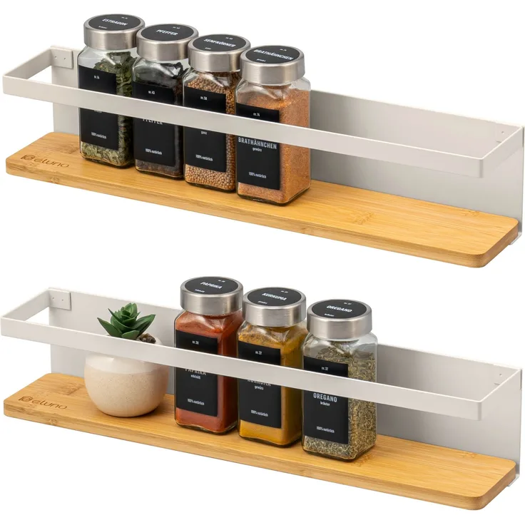 eluno Gewürzregale 2er Set mit Bambusboden, zur Wandmontage, aus Metall beige