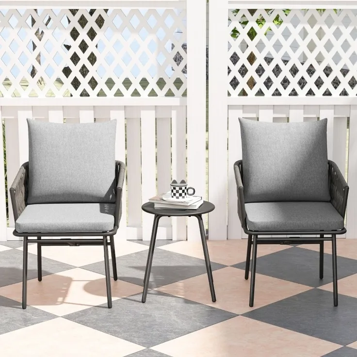 Essstuhl-Set mit Tisch 40x40x49 cm und Stühlen 58x63x69 cm, Grau, Stahlrahmen, Rattan, abnehmbare Bezüge
