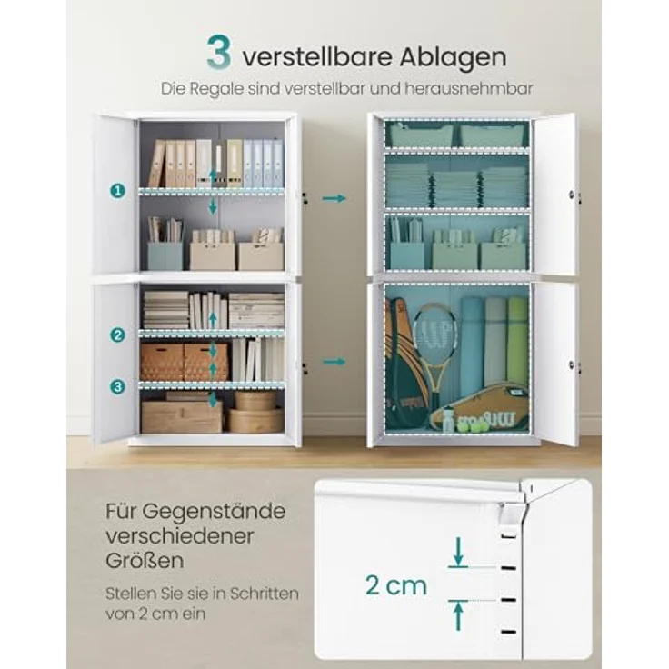SONGMICS Aktenschrank, Mehrzweckschrank, Büroschrank, mit 4 Türen und 5 Ebenen, 40 x 80 x 180 cm, 2 Schlösser, verstellbare Ablagen, Aufbewahrungsschrank aus Stahl, mattweiß OMC016WG01 – Bild 6