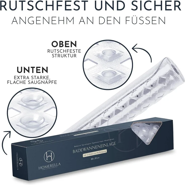 Homerella Badematte rutschfest Hautsensitiv 88x39cm, INKL. AUFHÄNGUNG, Antirutschmatte Badewanne BPA frei, Duschmatte schimmelresistent & maschinenwaschbar – Bild 3