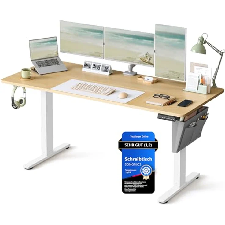 SONGMICS Höhenverstellbarer Schreibtisch elektrisch, 160x70 cm, Verstellbarer Tisch, Memory-Funktion für 4 Höhen, für Büro, goldeichenfarben LSD136Y01 – Bild 2