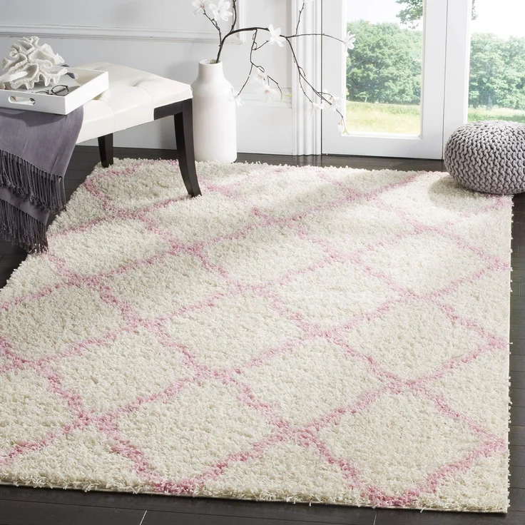 SAFAVIEH Zottelig Teppich für Wohnzimmer, Esszimmer, Schlafzimmer - Dallas Shag Collection, Hoher Flor, Elfenbein und Hellrosa, 155 X 229 cm