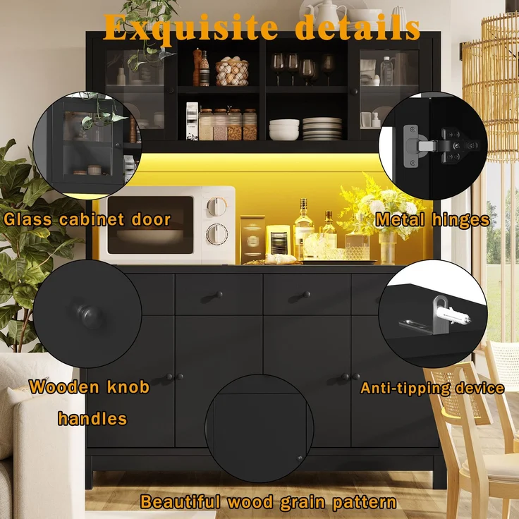 TavilaEcon Küchenbuffet Hochbuffetschrank mit App-gesteuerter RGB-LED & 4 Schubladen schwarz 180 × 38,5 × 140 cm (H × T × B) – Bild 3