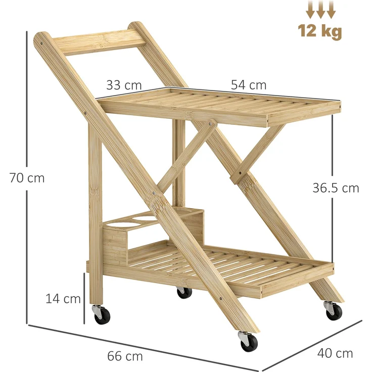 Küchenwagen aus Bambus, 66 x 40 x 70 cm, klappbar mit Weinregal und Rollen – Bild 3