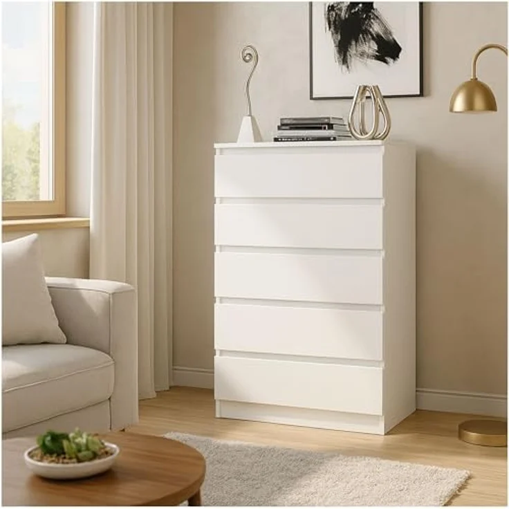 CDF Kommode Malwa M5 | Farbe: Weiss | Schrank für Dokumente, Kleinigkeiten | Ideal für Wohnzimmer, Schlafzimmer, Kinderzimmer, Jugendzimmer und Büro | 5 geräumige Schubladen – Bild 3