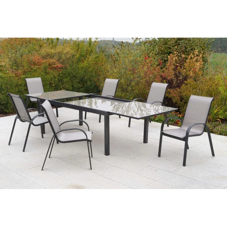Amalfi Gartenmöbel Set 7tlg, 6 Stapelsessel, Semi Ausziehtisch 200 (300) x 110 cm, graphit/diamant, Aluminium/Textil – Bild 4