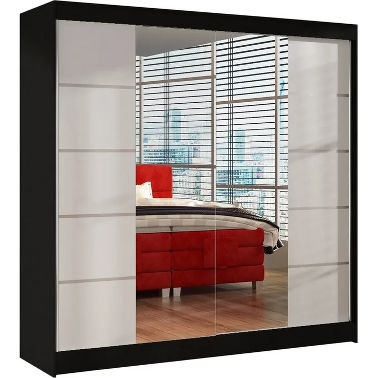 Schwebetürenschrank Basti V 200 cm mit Spiegel - Kleiderschrank mit 2 Türen, Kleiderstange und Einlegeboden, Schlafzimmerschrank, Schiebetürenschrank 200x215x58 cm (Schwarz/Weiß)