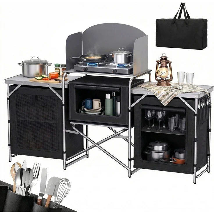 Sekey Campingschrank XXL Faltbar Campingküche mit Aluminiumgestell inkl. Windschutz und Tragetasche, Schwarz – Bild 2